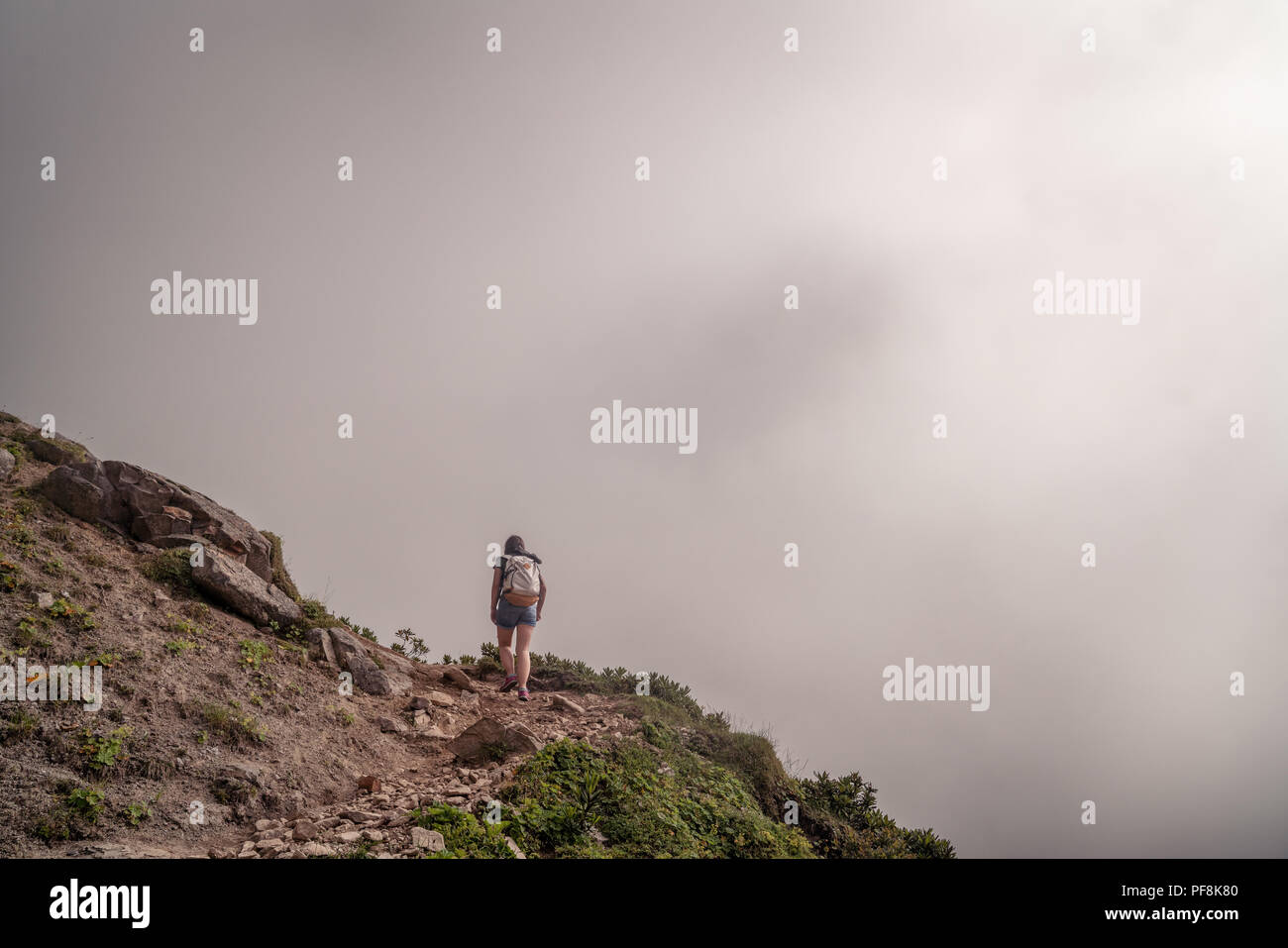 Escursionismo - escursionista donna su trek con zaino vivere sano stile di vita attivo. Escursionista ragazza camminare su escursione in montagna. Foto Stock