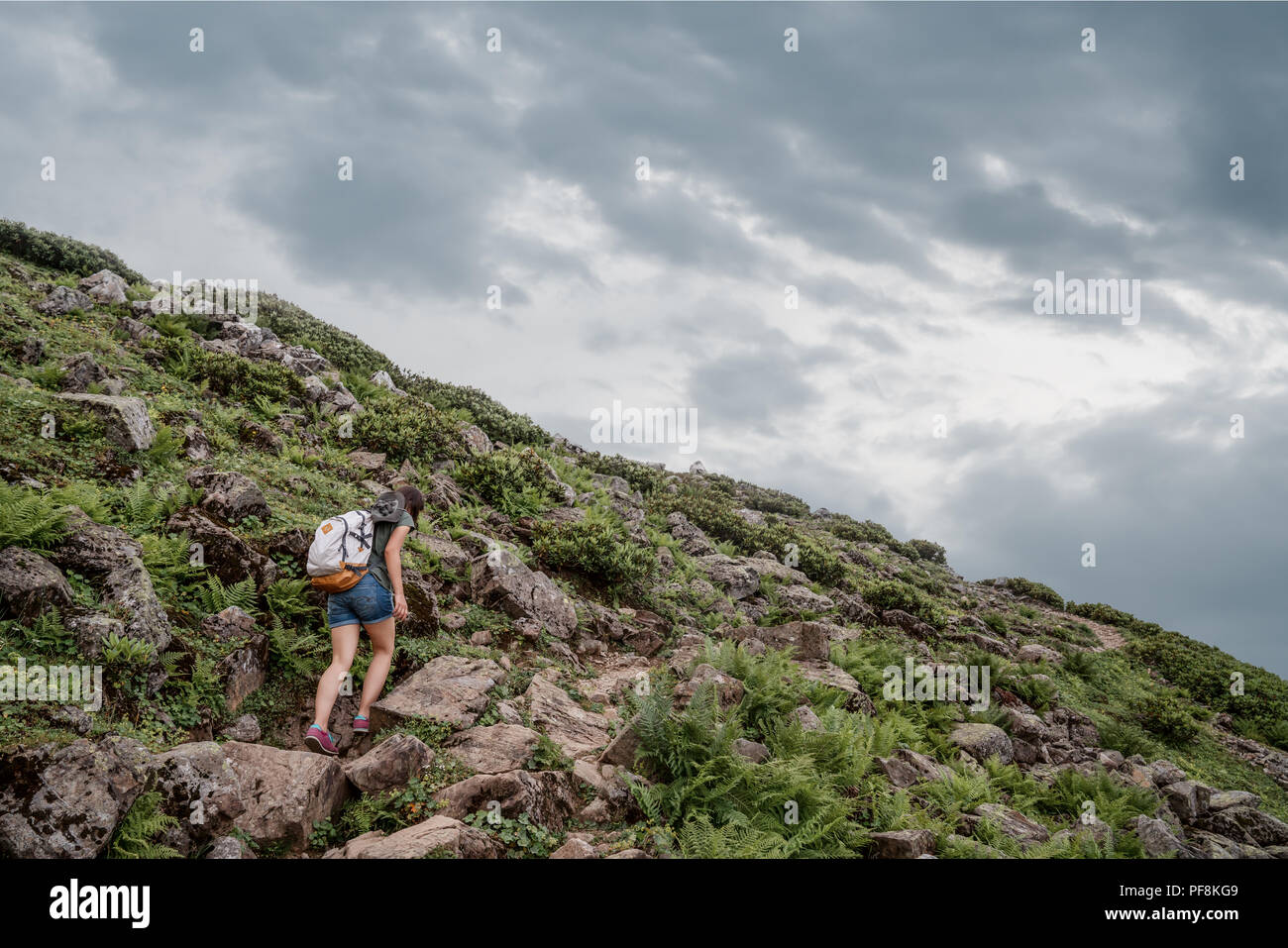 Escursionismo - escursionista donna su trek con zaino vivere sano stile di vita attivo. Escursionista ragazza camminare su escursione in montagna. Foto Stock