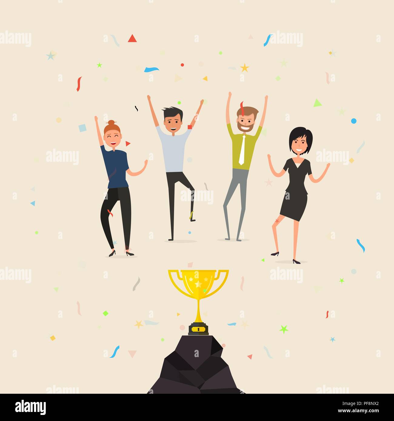 Team di felice giovani uomini & donne icona con brillante vincitore golden cup.Felice giovani persone di affari e Golden Trophy cup.business di successo del lavoro di squadra conce Illustrazione Vettoriale