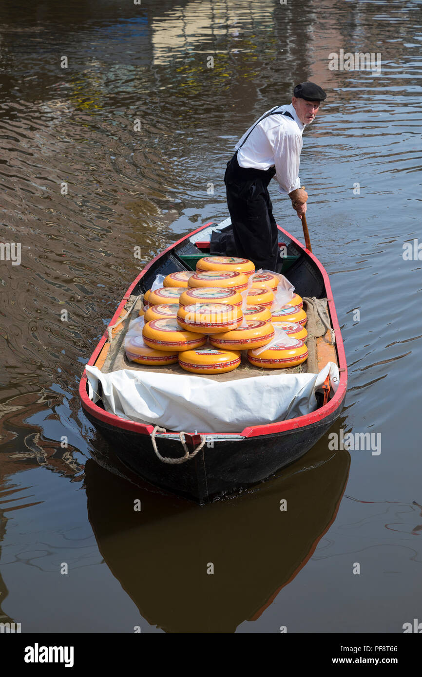 Alkmaar, Paesi Bassi - 01 Giugno 2018: Trasporto di formaggio Gouda in barca da e per il mercato del formaggio di Alkmaar Foto Stock