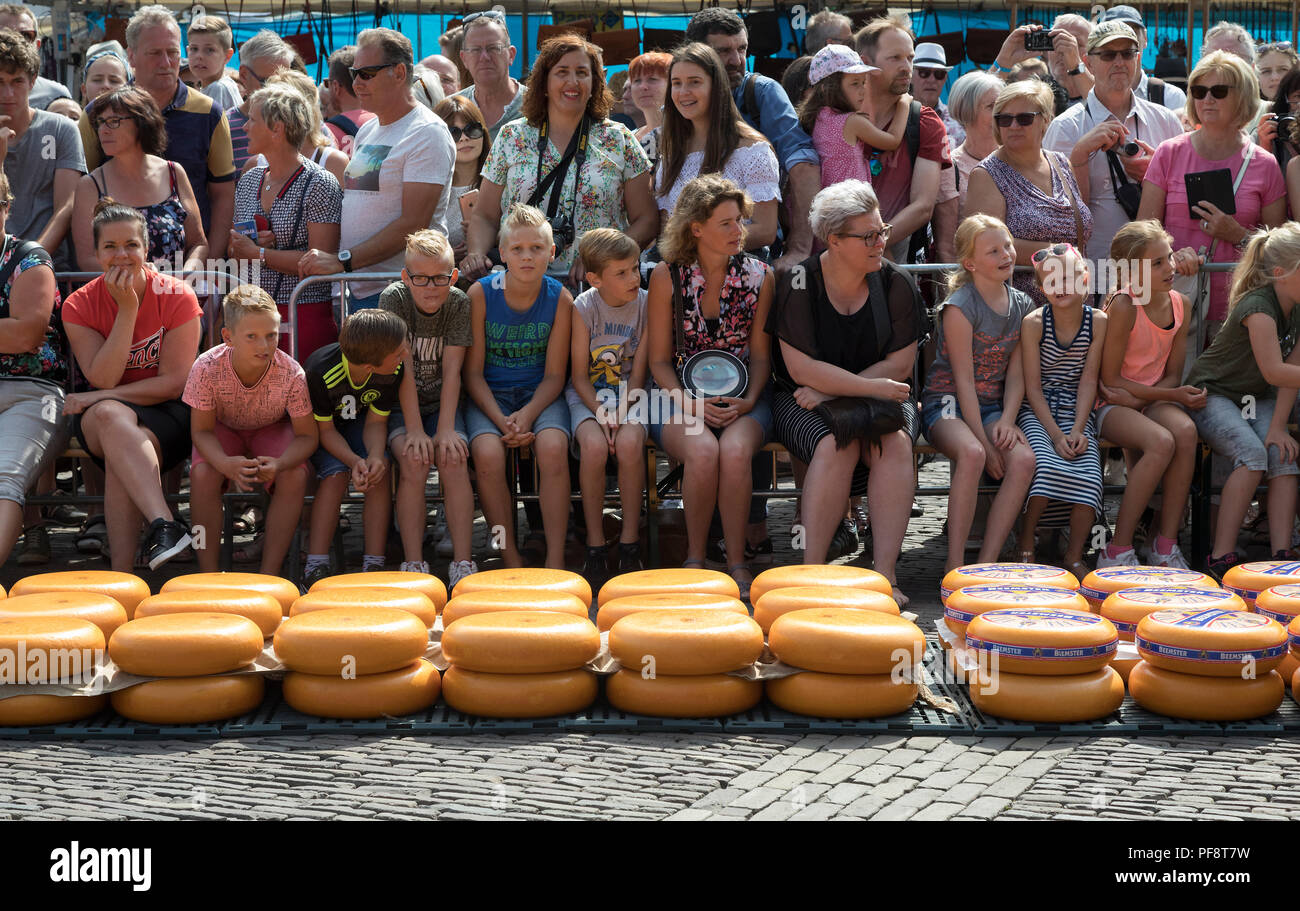 Alkmaar, Paesi Bassi - Luglio 20, 2018: pubblico guarda caso del venerdì mercato del formaggio di Alkmaar Foto Stock