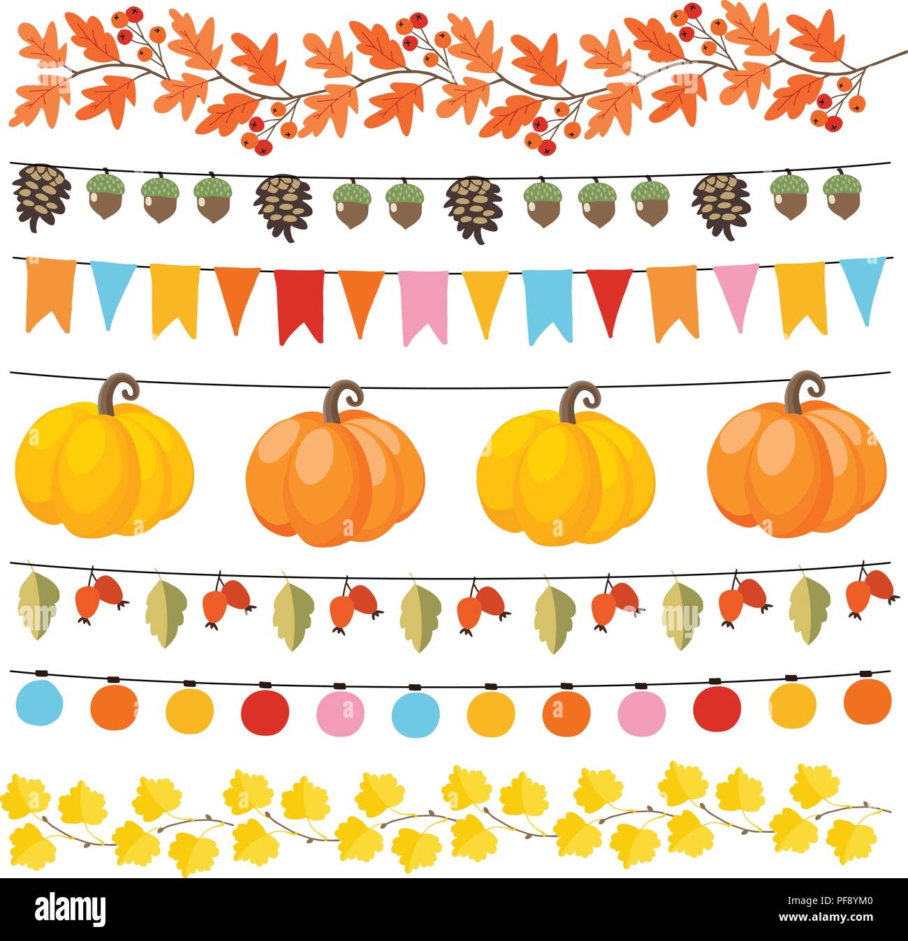 Set di carino autunno autunno ghirlande con luci, bandiere, ghiande, foglie, zucche, pigne e rosa canina. Raccolta di ringraziamento garden party deco Illustrazione Vettoriale