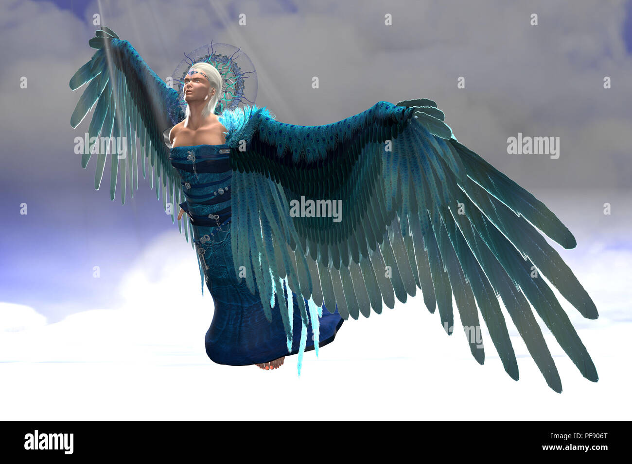 Angelo Michael in volo - raggi del sole risplendere in giù su arcangelo Michele come egli vola verso le porte del cielo. Foto Stock