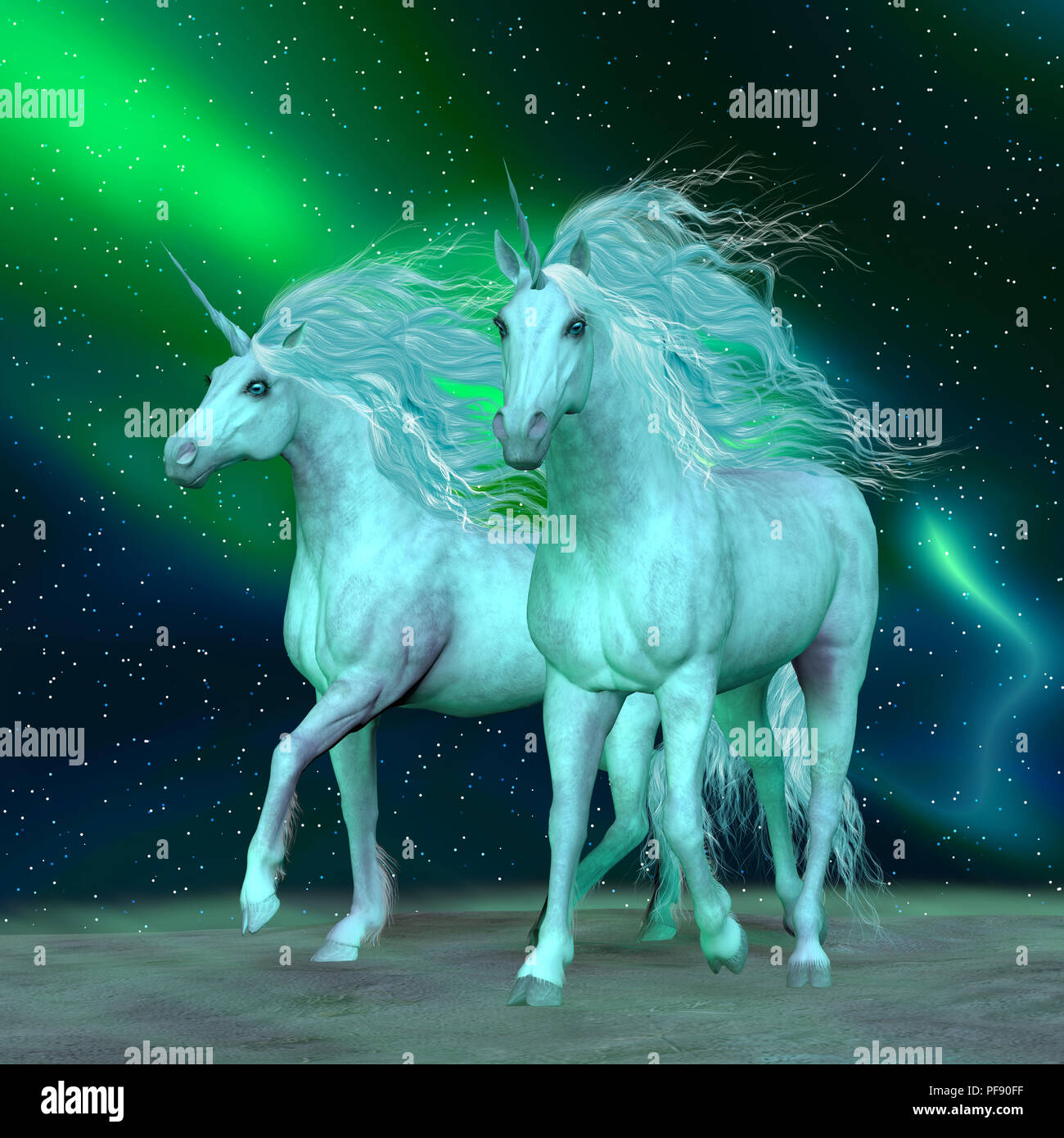 Northern Lights Unicorns - Unicorno è una mitica creatura che ha un corpo di cavallo con la fronte il clacson e selvaggi zoccoli. Foto Stock