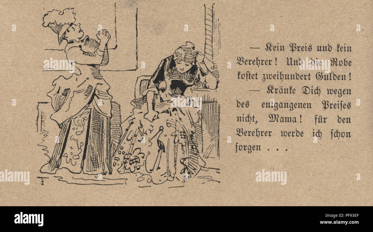 Vintage incisione di un cartone animato in stile vittoriano di due donne, 1880, tedesco Foto Stock