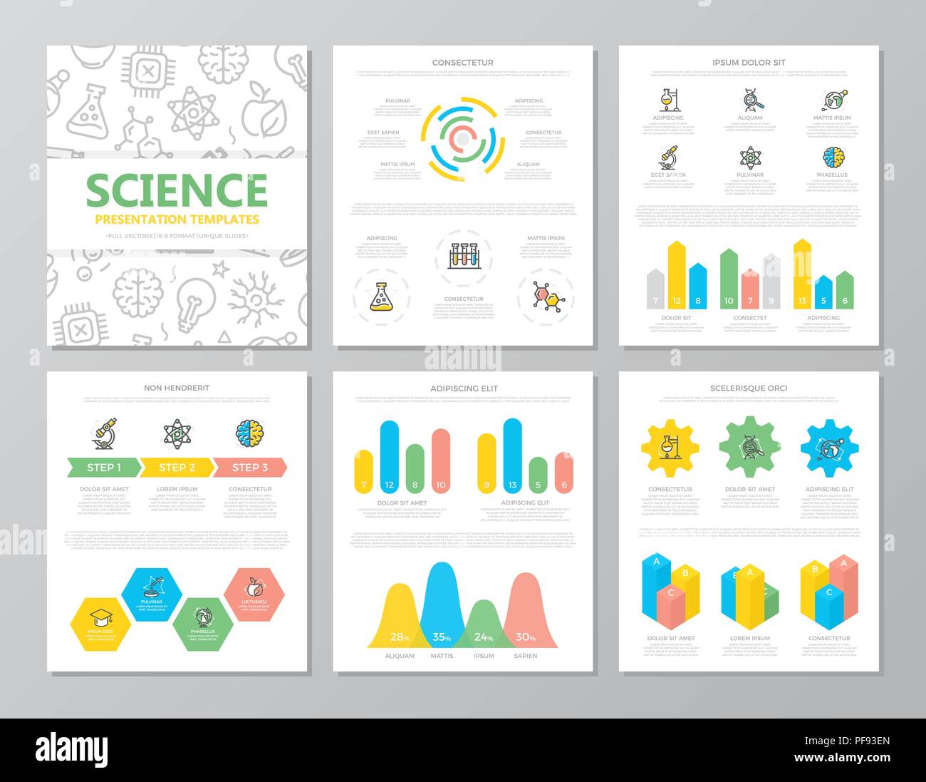 Set di colorate per la scienza e la ricerca di elementi per un multiuso4  modello di presentazione diapositive con grafici e tabelle. Foglio  illustrativo, relazione corporate marketing, pubblicità, per la copertina  del