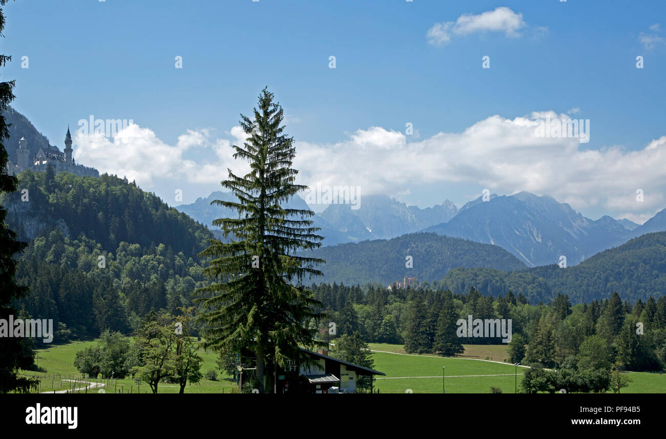 Alpi con Neuschwanstein e Hohenschwangau, Castello di Hohenschwangau, Allgaeu, Baviera, Germania Foto Stock