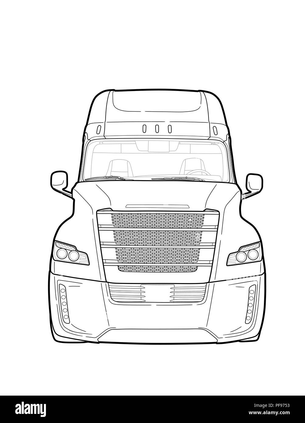 American camion con rimorchio in bianco e nero sketch Illustrazione Vettoriale