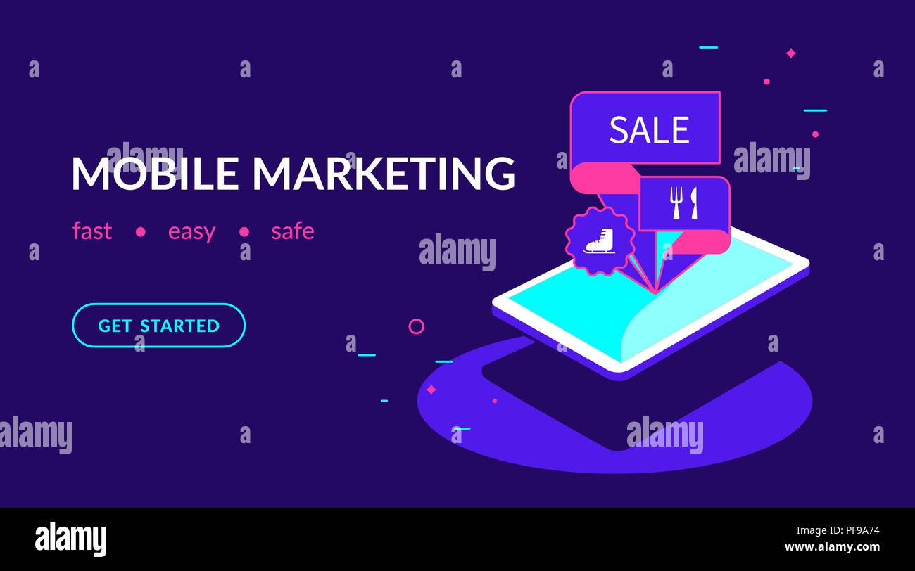 Mobile Marketing, offrono la personalizzazione e la promozione. Vettore di piatto al neon modello di sito web e landing page design di isomenric tavoletta digitale con il mercato Illustrazione Vettoriale
