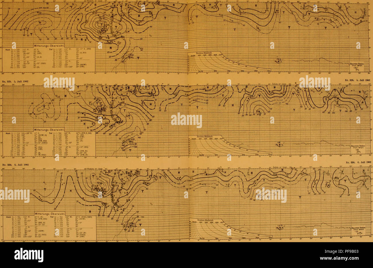 . Deutsche SÃ¼dpolar-Spedizione, 1901-1903, im Auftrage des Reichsamtes des Innern. Gauss (nave); spedizioni scientifiche. Deutsche SÃ¼dpolar-Expedition 1901â3 Meteorologischer Atlas. Tafel 110 no. 828. 4. Juli 1902 Nr. 828. i. Juli 1 WK. Hoch h 76fi HS' Â" LA 8 N IW n . 765 140* W. U B, (NKO®).SSO) 2i ^ 7-"Ã¶ 95 â &gt;" mi nv. koi 9] 740 BV Ã [KKW] 8] â ,r, â 90â7Â£* JO* 0 50* A 64* 4Â" W 7&amp;f&GT; M* W *ho TJO 4.V &LT;S-5ff- mi rSB 10" Â"0 36 mm ,i r&amp;S :Â"â 3Ã' 6) ;, rÂ" 3iÂ° J0* (SSW) 'I, .-.Â Â -"" 10) Ho 77Â" 13** 4Â" in 770 170â175" 90 7) 746 '(PÍ, ho â - ifl è 4 Â"* 10 10] Foto Stock