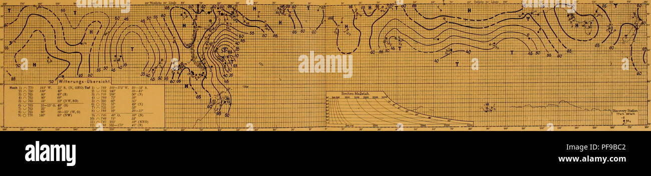 . Deutsche SÃ¼dpolar-Spedizione, 1901-1903, im Auftrage des Reichsamtes des Innern. Gauss (nave); spedizioni scientifiche. Kr. 221. 19. MÃ¤rz 1!K): No. 221. 19. MÃ¤rz 1902 100- TM'  1M-. No. 222. 20. MÃ¤rz 1902 Nr. 222. 20. MÃ¤rz 1902 Hoch 1) n 7fl6 105* W fffi B. [OHO] Tief 1);".5 J5Ã¶ W. 40* 8. 2)^760 Â"T 36 l^n, -jj r. 725 lOS" 50â55* 755 75" 60-66= 3) } 745 83* 57" 4) o 7C5 60" 4) v Â" 760 7B 30-3F 5) ^ RS5 15* Sff 5) C 7T0 Â"J '" &lt;*â 6J â 7lÂ" 45â40' 3&lt;T 7) r^ 7Â" -I01 45âJQÂ° (X,S) 6) ^ 77" .15Â° O. *&lt;r (SSW) 7J - 765 MF 35" (8,0) g) ' HO 145-l Foto Stock