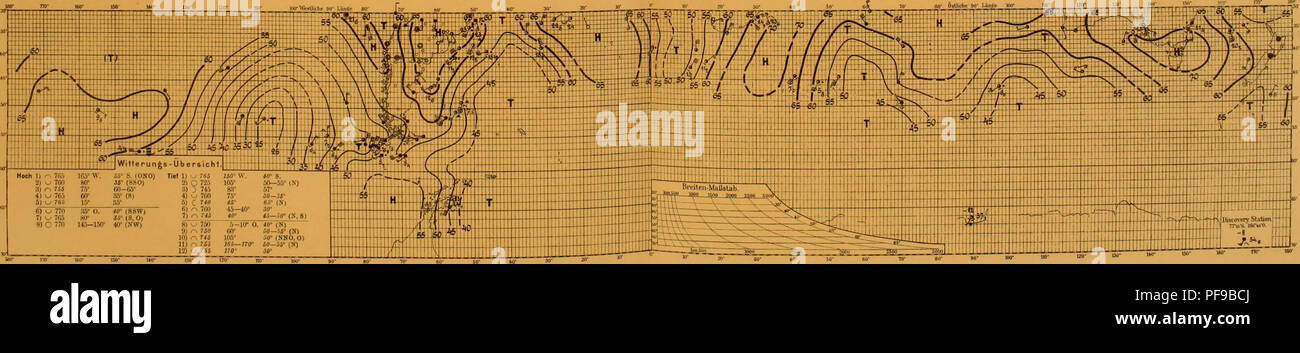 . Deutsche SÃ¼dpolar-Spedizione, 1901-1903, im Auftrage des Reichsamtes des Innern. Gauss (nave); spedizioni scientifiche. No. 222. 20. MÃ¤rz 1902 Nr. 222. 20. MÃ¤rz 1902 Hoch 1) n 7fl6 105* W fffi B. [OHO] Tief 1);".5 J5Ã¶ W. 40* 8. 2)^760 Â"T 36 l^n, -jj r. 725 lOS" 50â55* 755 75" 60-66= 3) } 745 83* 57" 4) o 7C5 60" 4) v Â" 760 7B 30-3F 5) ^ RS5 15* Sff 5) C 7T0 Â"J '" &lt;*â 6J â 7lÂ" 45â40' 3&lt;T 7) r^ 7Â" -I01 45âJQÂ° (X,S) 6) ^ 77" .15Â° O. *&lt;r (SSW) 7J - 765 MF 35" (8,0) g) ' HO 145-lWr 40' (NW) 5-10Â° O. â ¢*&LT;/" (n) 9j &lt;* TW 60" 5 Foto Stock