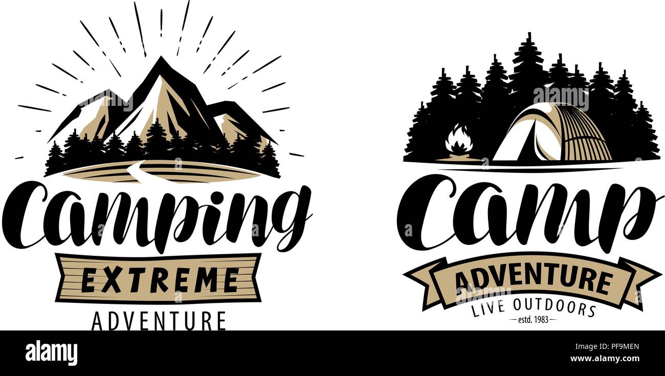 Camping, camp logo o etichetta. Attività ricreative all'aperto, Escursionismo concetto. Lettering illustrazione vettoriale Illustrazione Vettoriale