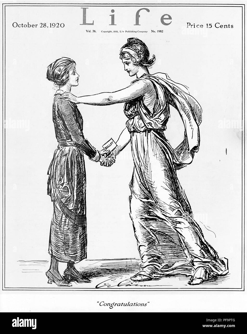 In bianco e nero copertina, raffiguranti Lady Liberty, congratulandomi con una donna sul passaggio del suffragio nazionale emendamento nel 1920, con la dizione "Congratulazioni, ' illustrato da Charles Dana Gibson, e pubblicata dalla rivista Life il 28 ottobre 1920, per il mercato americano, 28 ottobre 1920. () Foto Stock