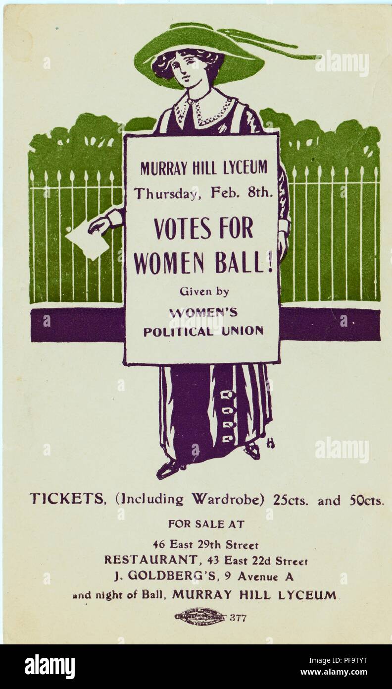 Viola, Verde e carta bianca, che raffigura una donna che indossa Edwardian  abbigliamento e un cartellone di pubblicità "voti per le donne Ball' a  Murray Hill di liceo in New York City,