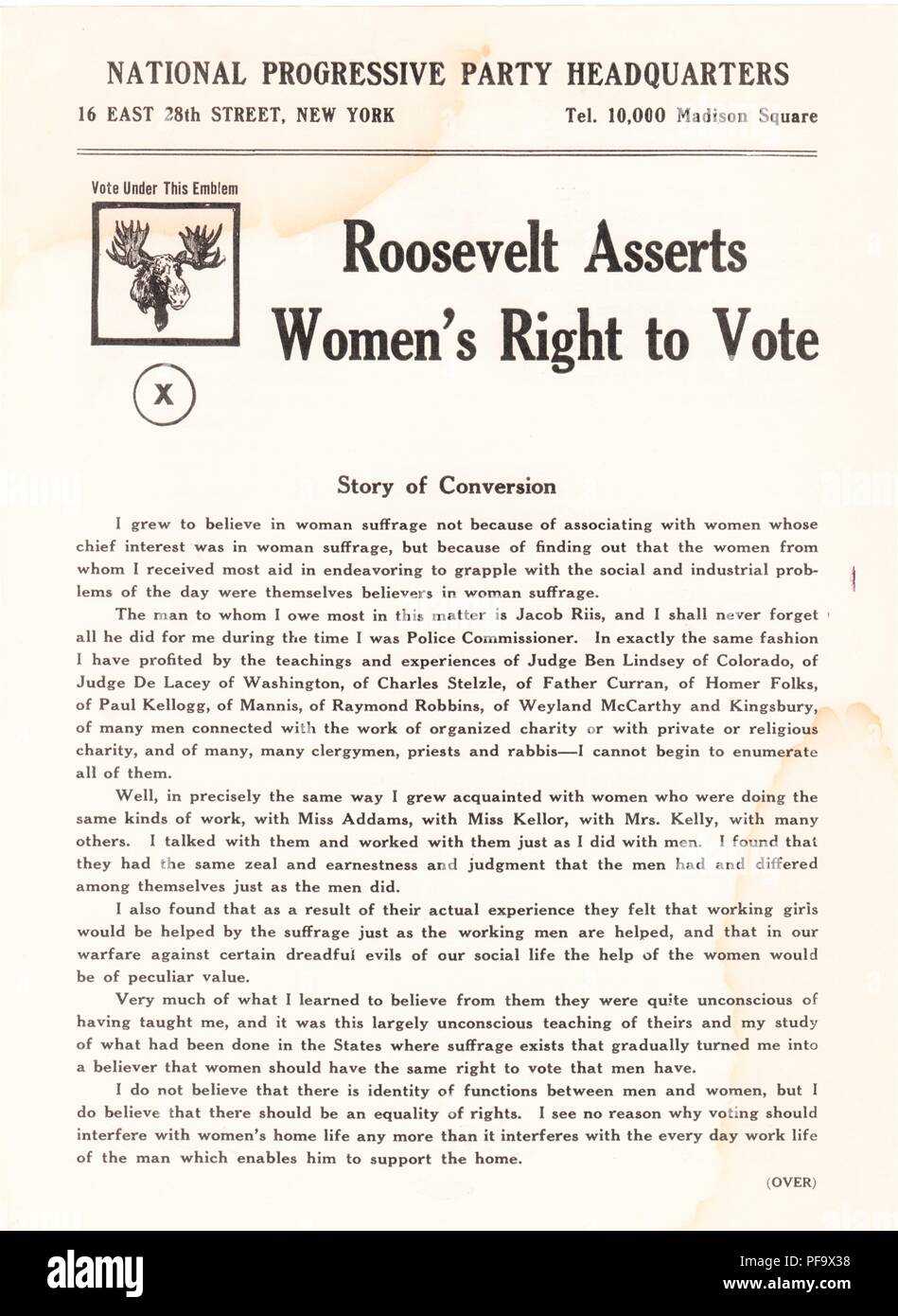 La campagna presidenziale foglietto, asserendo Theodore Roosevelt Jr's pro-atteggiamento di suffragio, pubblicata dal National Progressive Party Headquarters in New York City, circa 1912. () Foto Stock