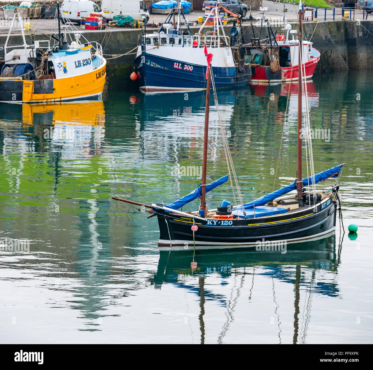 Cp;ourful barche da pesca nel pittoresco porto, Dunbar, East Lothian, Scozia, Regno Unito Foto Stock