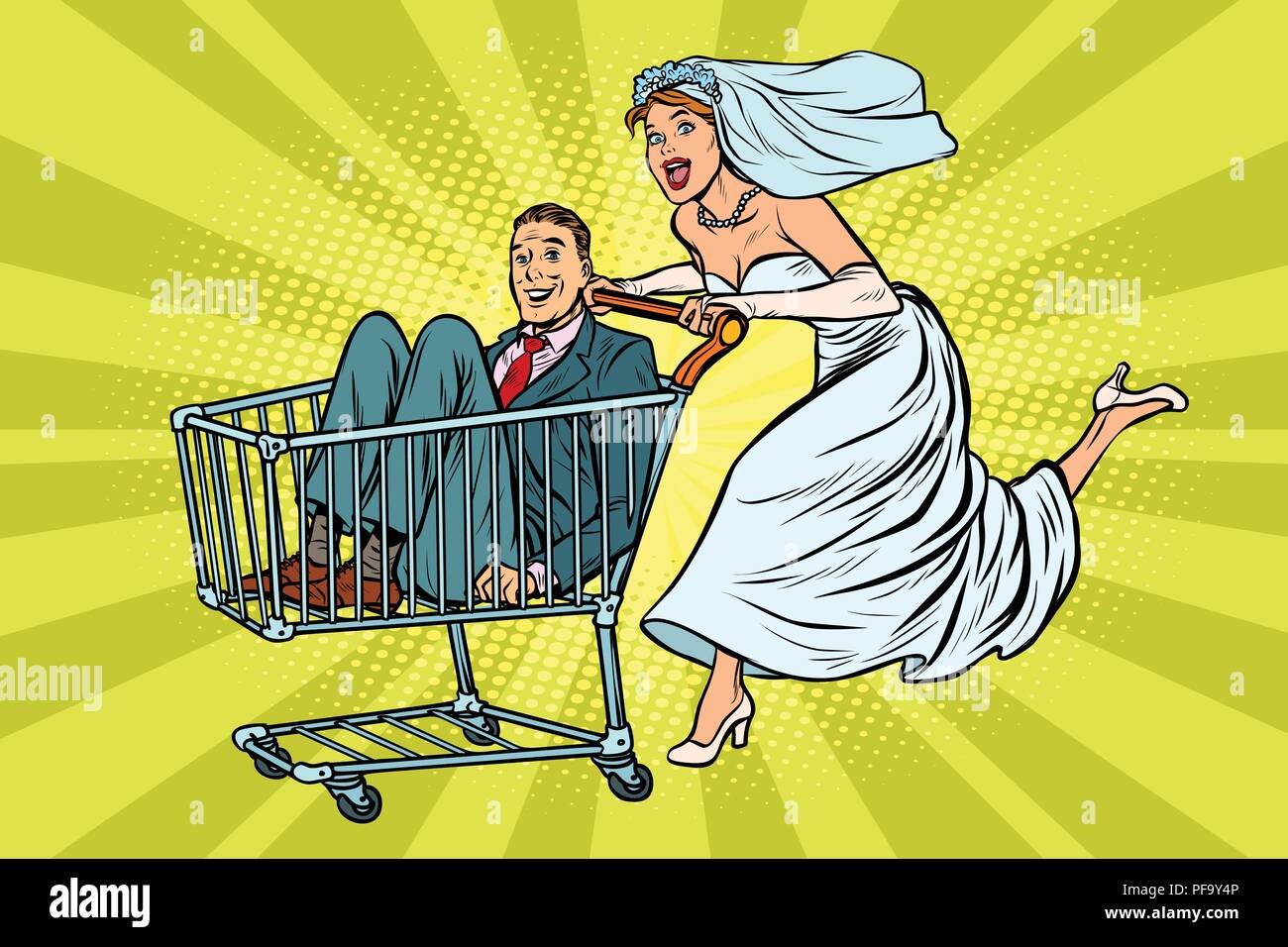 La pop art sposa e lo sposo in un carrello della spesa Illustrazione Vettoriale