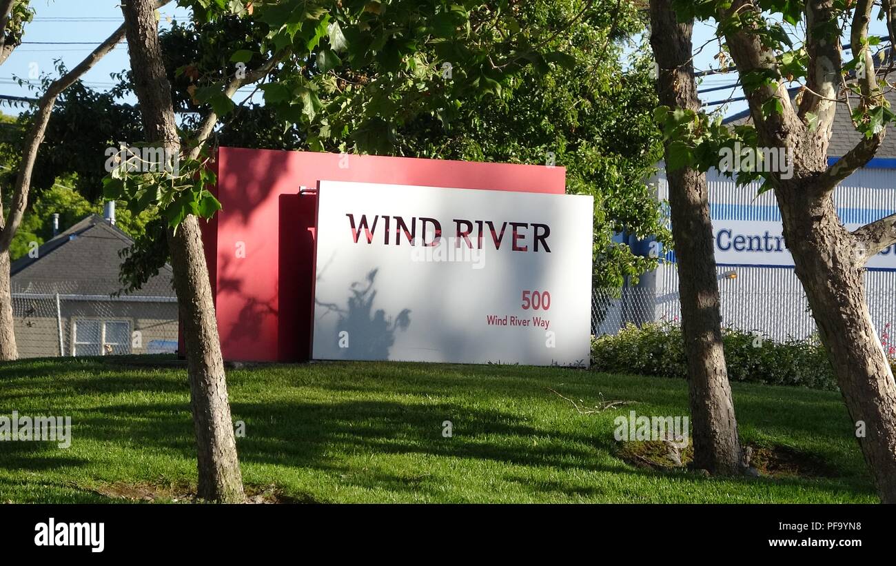 Close-up di segno per la tecnologia società Wind River presso la sede centrale in Alameda Isola, Alameda, California, 11 giugno 2018. () Foto Stock