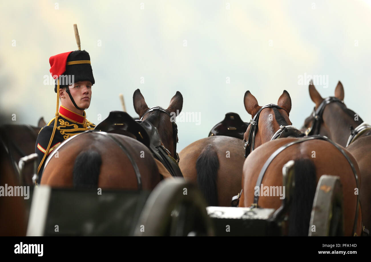 Il Re della truppa Royal cavallo sfilata di artiglieria in Hyde Park, Londra, in occasione del settantesimo anniversario. Il re di truppa cavallo Royal Artillery Foto Stock
