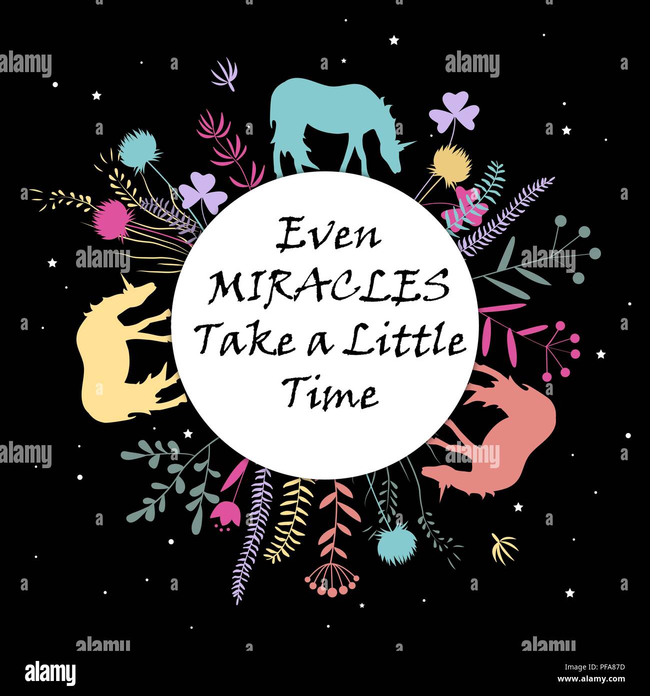 Carino magic telaio composto di unicorns e doodle disegnati a mano fiori sul fondo cosmico. Grazioso bigliettino, modello di pagina di intestazione, la stampa tessile. Vettore i Illustrazione Vettoriale