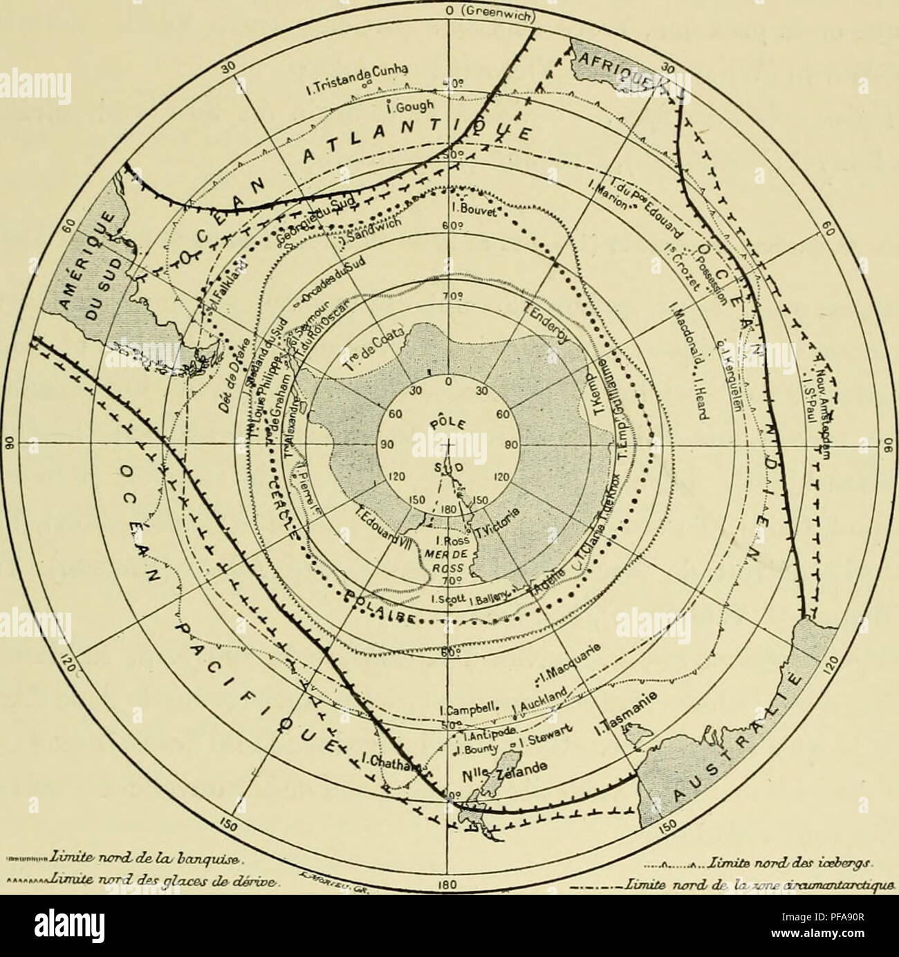 . Deuxième expédition antarctique francaise (1908-1910). Storia naturale -- Antartide; spedizioni scientifiche -- Antartide; Antartide. OISEA rx un NT UN TIQUES RC. 191 ouest (le rAmériquo du Sud, mors du (giro, Iverguelon, sud de rocéan Indien, Australie^ Nouvelle-Zélande, île C-liathani. 23. Halobaena caerulea (1 8-9 16-17-32-42-44-55-56-59-65 66-68). ni&GT;fjion witarrfiqi(es. - M'33' S., 22°88' O. (Bruce), Glos. et 1 lO" W. (guadagno). liri/lon suhanfarcl/F/H0. - Mer du Sud jusqu'au 10°. Nids sur l'ile. •.-RXinvUe narxZ des qIclcb^ d&amp; dérioe- ji f...XimiiB Twvd/der ireb&amp;^s limite r Foto Stock