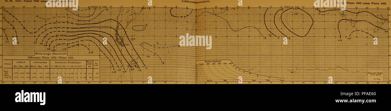 . Deutsche SÃ¼dpolar-Spedizione, 1901-1903, im Auftrage des Reichsamtes des Innern. Gauss (nave); spedizioni scientifiche. dpoIar-Expt dition 1901â3 no. 4Â". Juni-Aogusl 1902 meno Juniâ Agosto 1908 â im* rar Meteorologe ich mi {(LAS. Tafel /''&GT; r. 4Â". Inverno 1902 meno Inverno 1903 'â"¢0* wr rÂ"- mb-. No. 47. Deiembei 1902âFebruar 1903 minns Deiember 1003âFebruar 1904 ÃˆÂ"; i*t&GT;; ad iy; nu wWeallichi H l mifr I.ultdruckdilterenzenkarte. w superiore: No. 47. Sommer 1902/08 meno Sommer 1903/04 120- 130- mo- iso- Â"o- ra- ^J^â*&amp;--. Si prega di notare che queste immagini vengono estratte dalla scansione Foto Stock