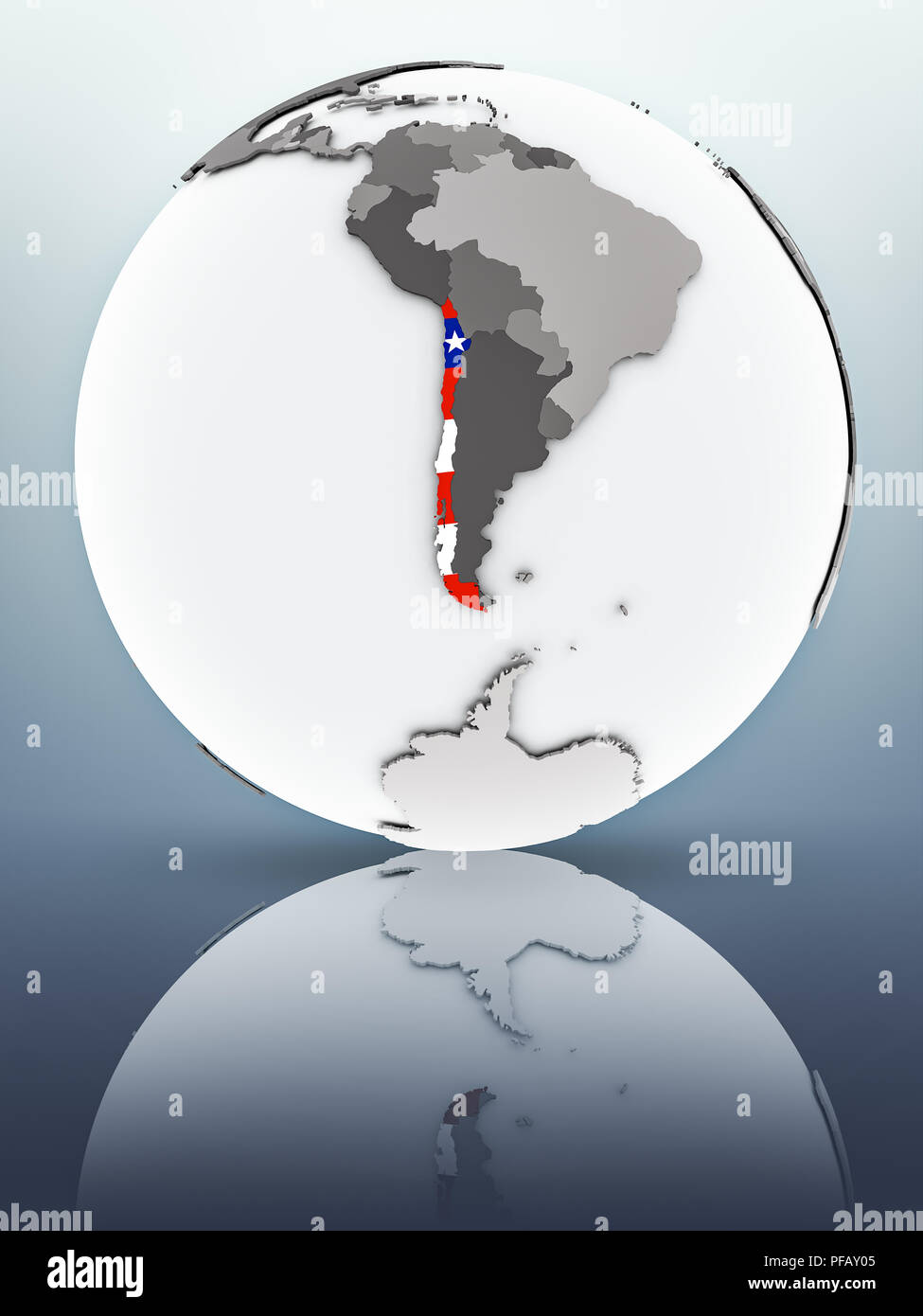 Il Cile con bandiera sul globo terrestre riflettendo sulla superficie. 3D'illustrazione. Foto Stock