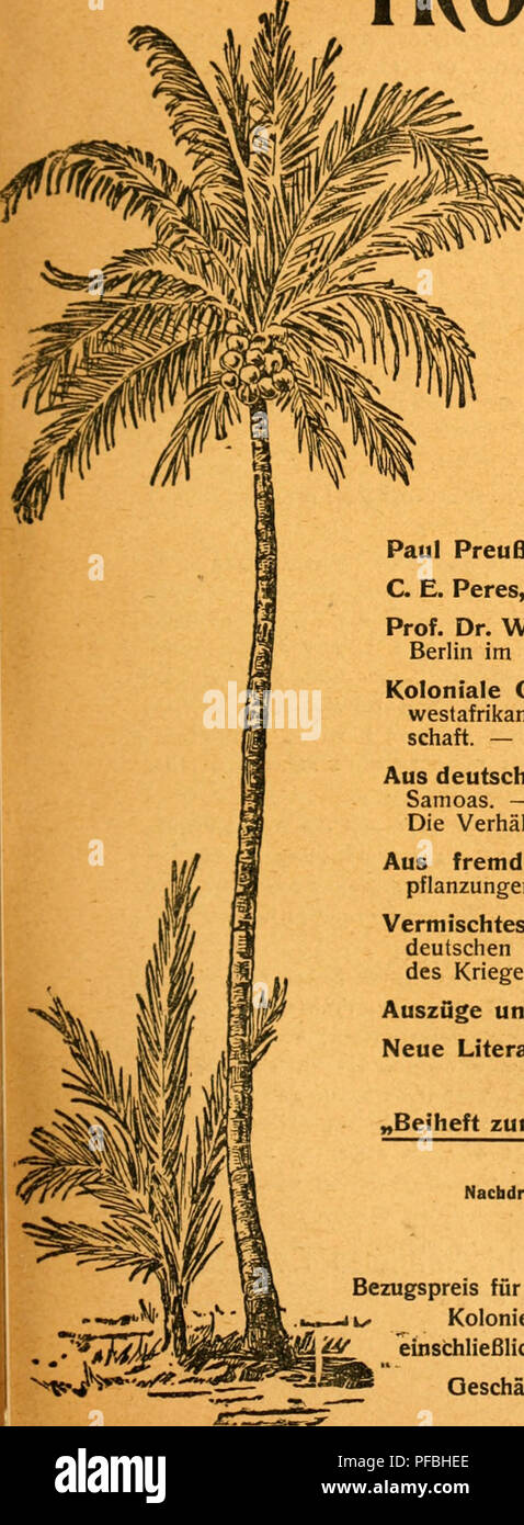 . Der Tropenpflanzer; zeitschrift fr tropische landwirtschaft. Piante tropicali; raccolti tropicali. 21. Jahrgang. No. 5. Mai 1918 DER. TROPENPFLANZER Zeitschrift für Tropische Landwirtschaft. Organ des Komitees Kolonial-Wirtschaftlichen Wirtschaftlicher Ausschuß der Deutschen Kolonialgesellschaft Herausgegeben O. Warburg Berlino. von F. Wohltmann Halle a. Saale. Inhaltsverzeichnis. Paul Preuß, Erzeugnisse aus einer tonnellata Kopra, S. 131. C. E. Peres, Flugbetrieb in Deutsch-Ostafrika, S. 135. Il prof. Il dott. W. F. Brück, Die Deutsche Faserstoff-Ausstellung Berlin im März bis aprile 1918, S. 139. Koloniale Ge Foto Stock