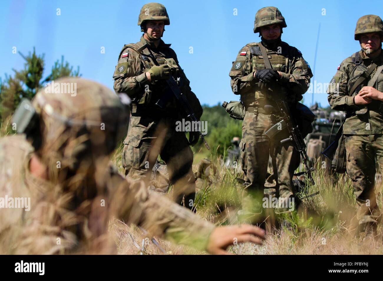 Stati Uniti Il personale dell'esercito Sgt. Mitchel Prezzo (sinistra), piccolo scivolo, Wisconsin native, leader di squadra con il primo squadrone, 2° reggimento di cavalleria, insegna esercito polacco soldati con xv brigata meccanizzata, su come lanciare granate durante il Puma 2 esercizio come una parte di Saber Strike 18 con il gruppo di combattimento della Polonia a Wyreby, Polonia il 7 giugno 2018. Questo anno di esercizio, che corre da Giugno 3-15, prove di alleati e partner provenienti da 19 paesi sulla loro capacità di lavorare insieme per scoraggiare le aggressioni nella regione e migliorare ogni unità è la sua capacità di svolgere la loro missione designata. Foto Stock
