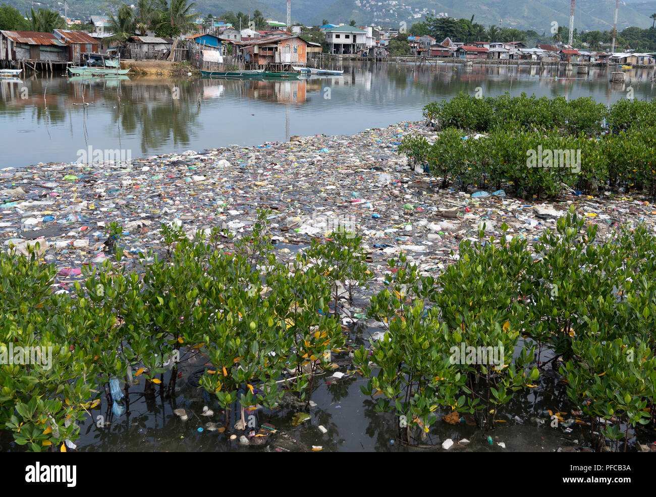 Cebu City, Filippine. 21 Agosto 2018.scartato spazzatura,molto di plastica,raccoglie all'interno di mangrovie lungo un ruscello che sbocca nel mare Credito: Globalimages101/Alamy Live News Foto Stock