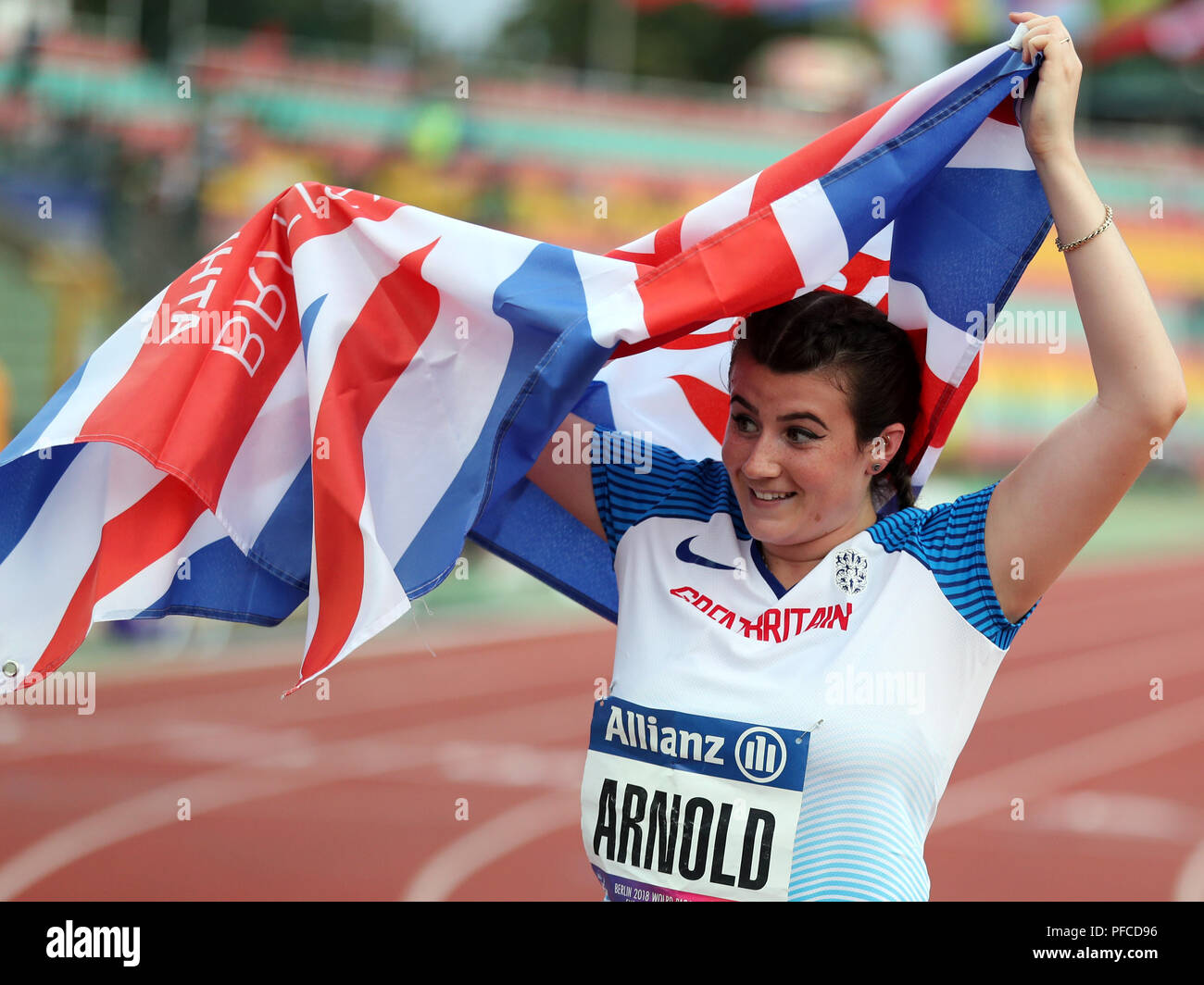 20 agosto 2018, Germania, Berlino, Sport Disabili, Campionati Europei per gli atleti in Jahn-Sportpark, giavellotto, donne, F46 Hollie Arnold dalla Gran Bretagna celebra la sua vittoria. Foto: Jens Büttner/dpa-Zentralbild/dpa Foto Stock