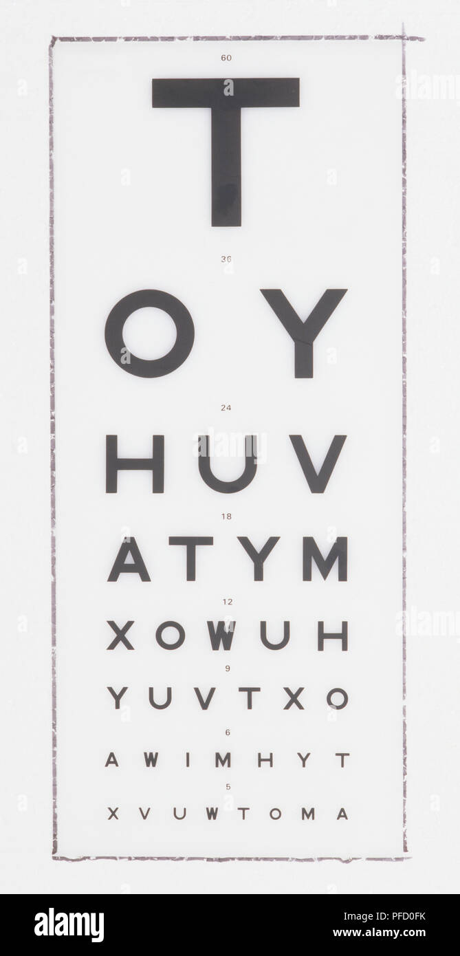 Lettere grafico usato per test oculari, vista frontale. Foto Stock