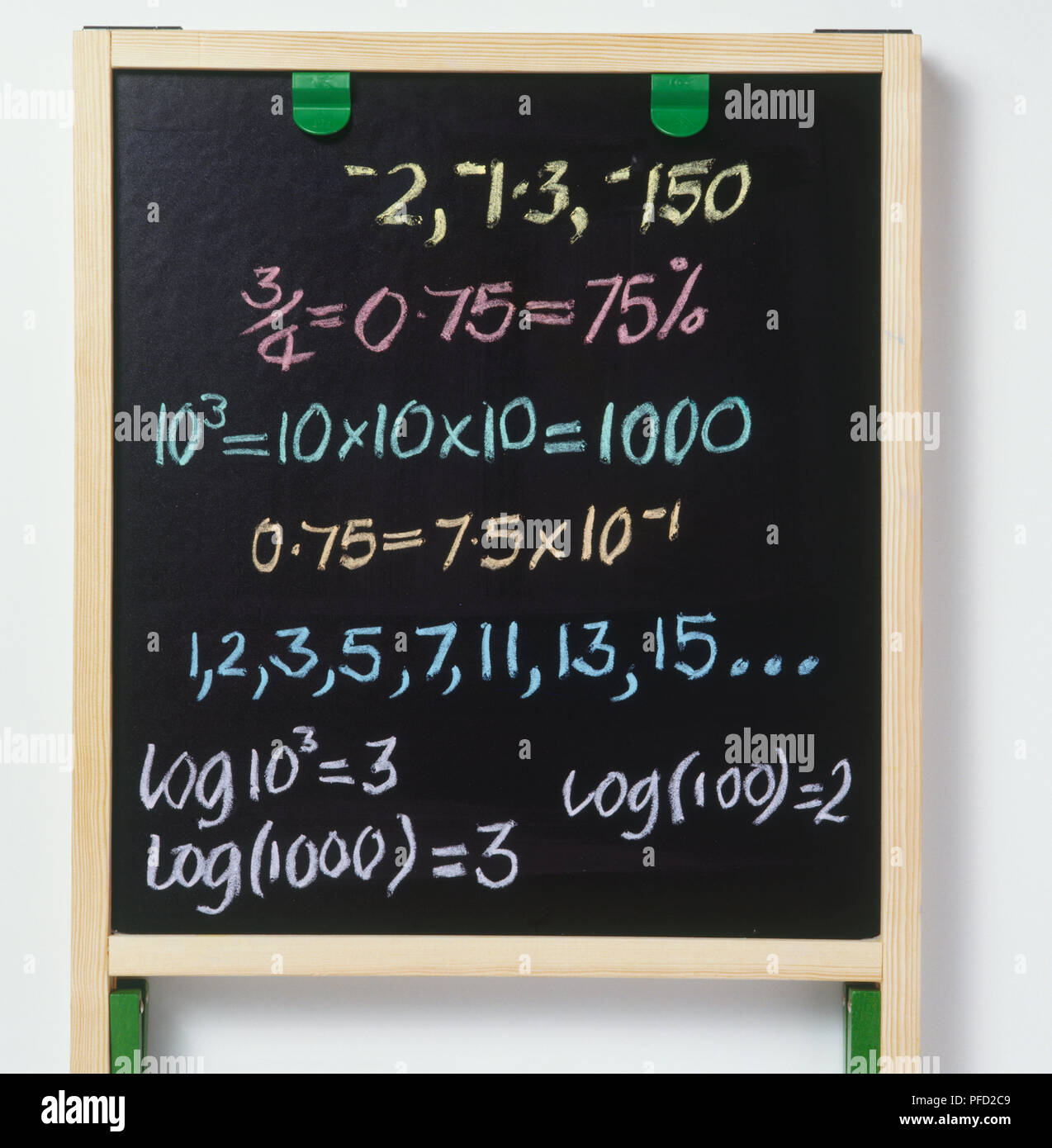 I calcoli di matematica scritto in gesso su una lavagna Foto Stock