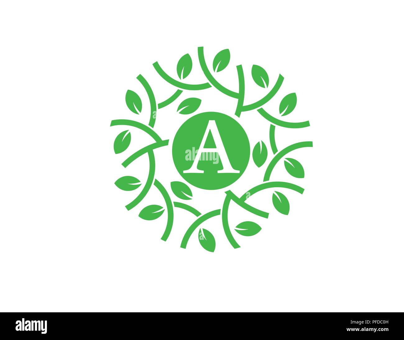 Lettera A con cerchio verde il concetto di logo, immagine della lettera a foglia verde con cerchio stile, perfetto per la salute e la verde aziendali correlati Illustrazione Vettoriale