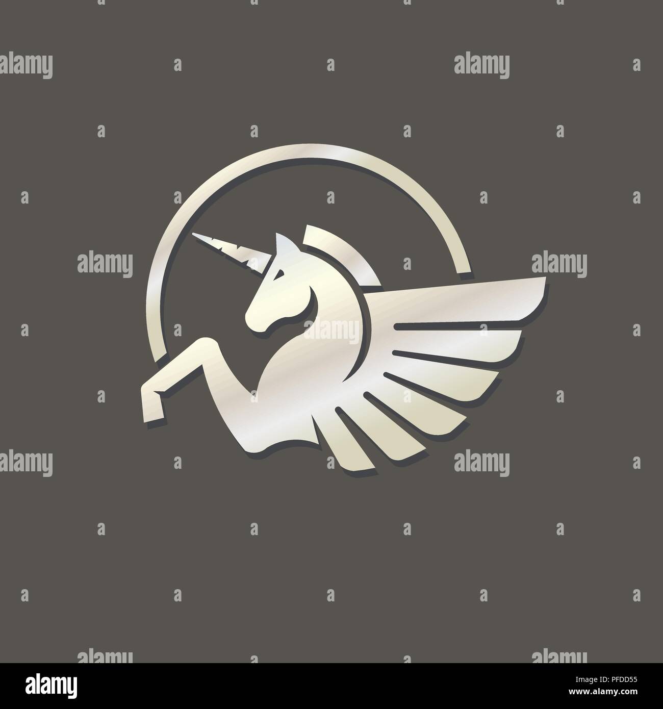 Winged unicorn color argento logo illustrazione vettoriale. Stilizzata mitica creatura silhouette, cavallo alato vettore logo, Illustrazione Vettoriale
