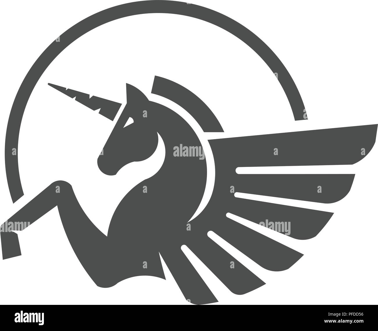 Winged unicorn logo illustrazione vettoriale. Stilizzata mitica creatura silhouette, cavallo alato vettore logo, Illustrazione Vettoriale