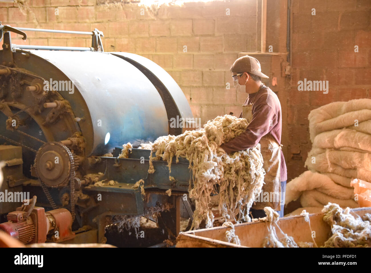 Un esecutore elabora la lana di pecora per uso in hat rendendo al Sombreros Sucre fabbrica in Sucre, Bolivia Foto Stock