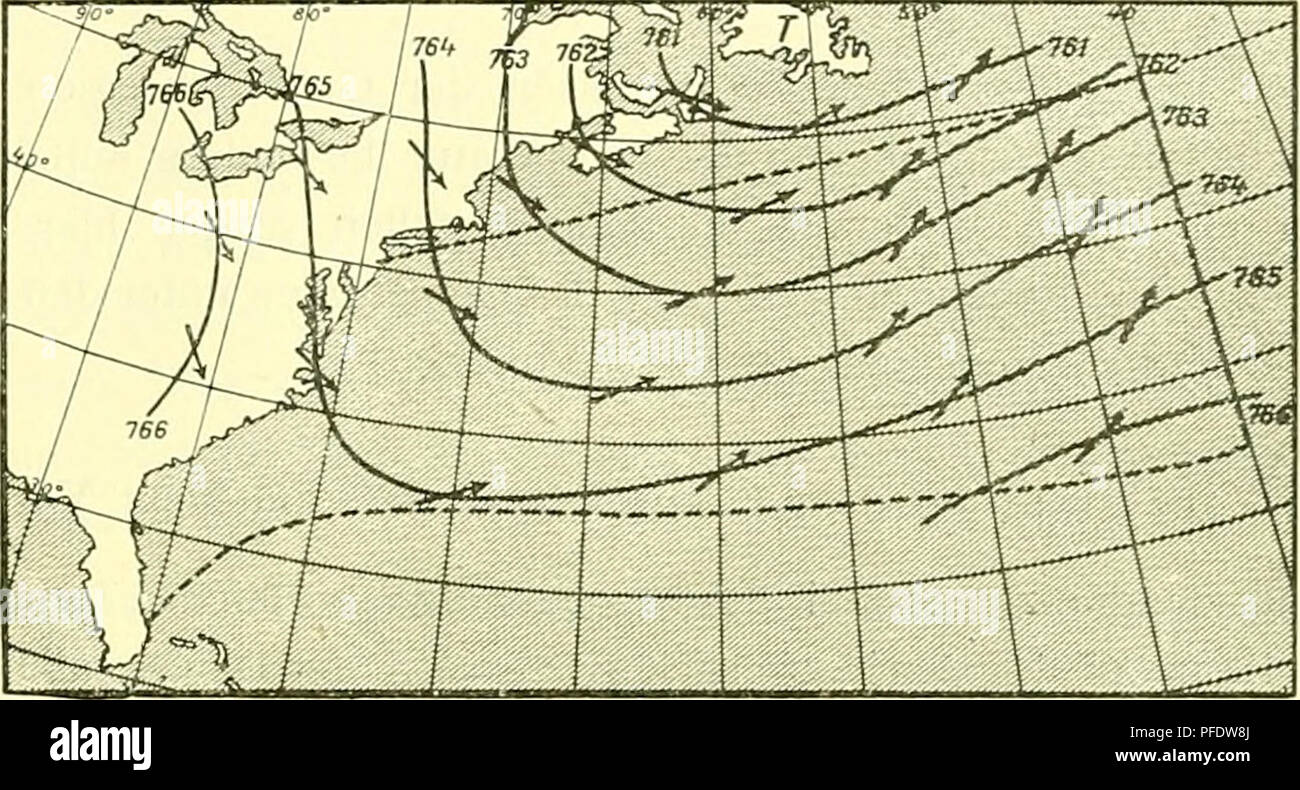 . Denkschriften - Österreichische Akademie der Wissenschaften. Liifhintckrclicilinig über dem iiorihilUinlisclicn Occdii. 47.") Im Sommer liegt die ganze Gegend im Bereich des Hochdruckgebiets subtropischen; der Verlauf der Isobaren läßt auf südwestliche, südliche bis südöstliche Winde schließen. Es herrscht dann eine "lähmende feuchte Hitze"'; es weht hier kein erfrischender Passat. Die Temperaturen steigen im Sommer Fi,?. .5.. Luftdruckveiteiluno im Winter in der Golfstromrea:ione. Fi.?. 6. 1 s J^ä^' ^' W^ '. 7S8 / ""az/ Ui Trvr '1 i&amp;f 7E"-f^ res  t3^ U -i-•-- &quo Foto Stock
