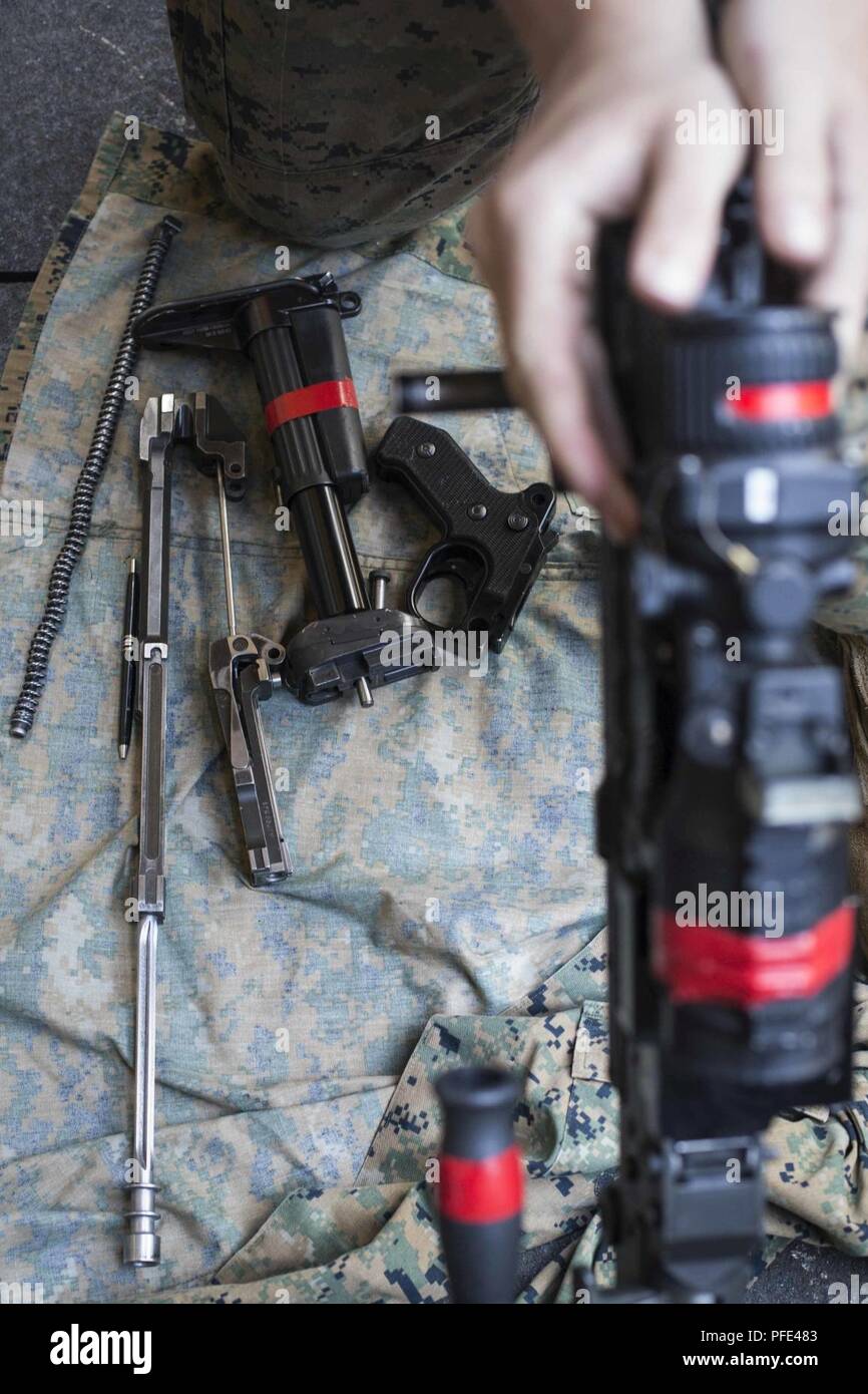 Stati Uniti Lancia Marine Cpl. Cody Markham, un anti-serbatoio missileman con Battaglione Team di atterraggio 3/1, 13 Marine Expeditionary Unit (MEU), ricompone un M240B mitragliatrice dopo lo smontaggio si mentre in mare a bordo di Whidbey Island-class dock landing ship USS Rushmore (LSD 47), 9 giugno 2018. L'Essex anfibio gruppo pronto (ARG) e xiii MEU stanno conducendo la formazione composita dell'Unità Esercizio (COMPTUEX), l'esercizio finale prima della unità' imminente distribuzione. Questo esercizio convalida la ARG/MEU del team capacità di adattarsi e di eseguire missioni in continua evoluzione e ambienti sconosciuti. Dopo il completamento della CO Foto Stock