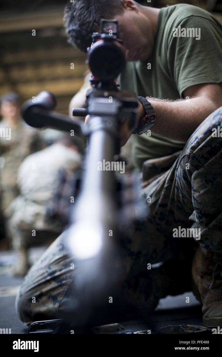 Stati Uniti Lancia Marine Cpl. Blake Wyche, un anti-serbatoio missileman con armi Company, Battaglione Team di atterraggio 3/1, 13 Marine Expeditionary Unit (MEU), ricompone un M240B mitragliatrice come parte di un trapano mentre in mare a bordo di Whidbey Island-class dock landing ship USS Rushmore (LSD 47), 9 giugno 2018. L'Essex anfibio gruppo pronto (ARG) e xiii MEU stanno conducendo la formazione composita dell'Unità Esercizio (COMPTUEX), l'esercizio finale prima della unità' imminente distribuzione. Questo esercizio convalida la ARG/MEU del team capacità di adattarsi e di eseguire missioni in continua evoluzione e ambienti sconosciuti. Su comp Foto Stock