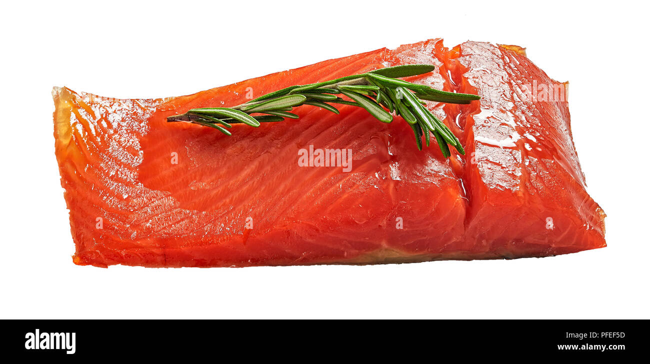 Filetto di salmone di rosmarino fresco isolato su sfondo bianco, vista da sopra, close-up Foto Stock