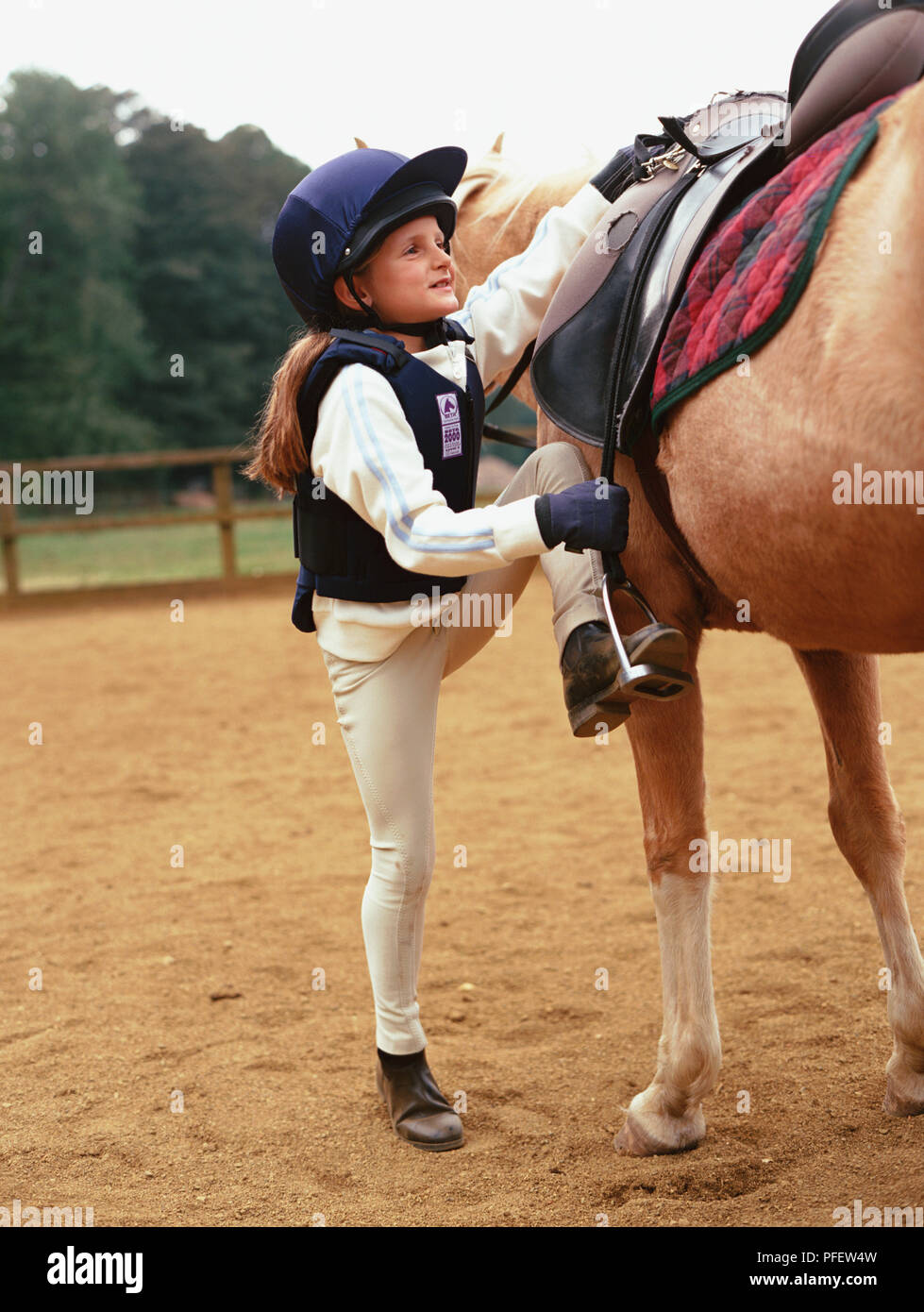 Giovane ragazza di indossare abbigliamento da equitazione accanto a un  palomino pony, un piede nella staffa, mano sulla sella Foto stock - Alamy