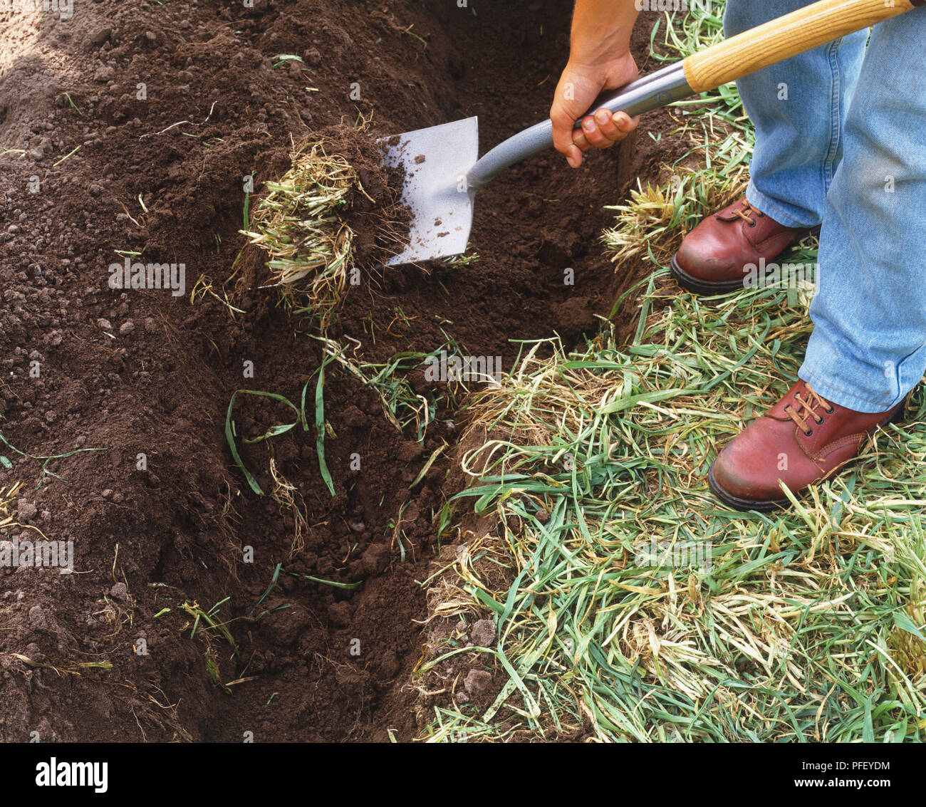 Giardiniere utilizzando vanga per scavare una trincea profonda, ad alto angolo di visione Foto Stock