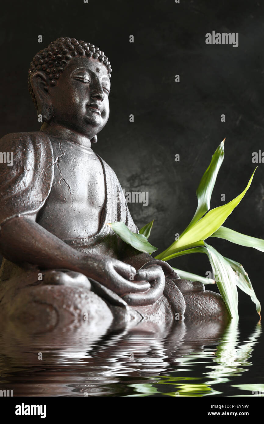 Il Buddha in meditazione con bambù e acqua Foto Stock