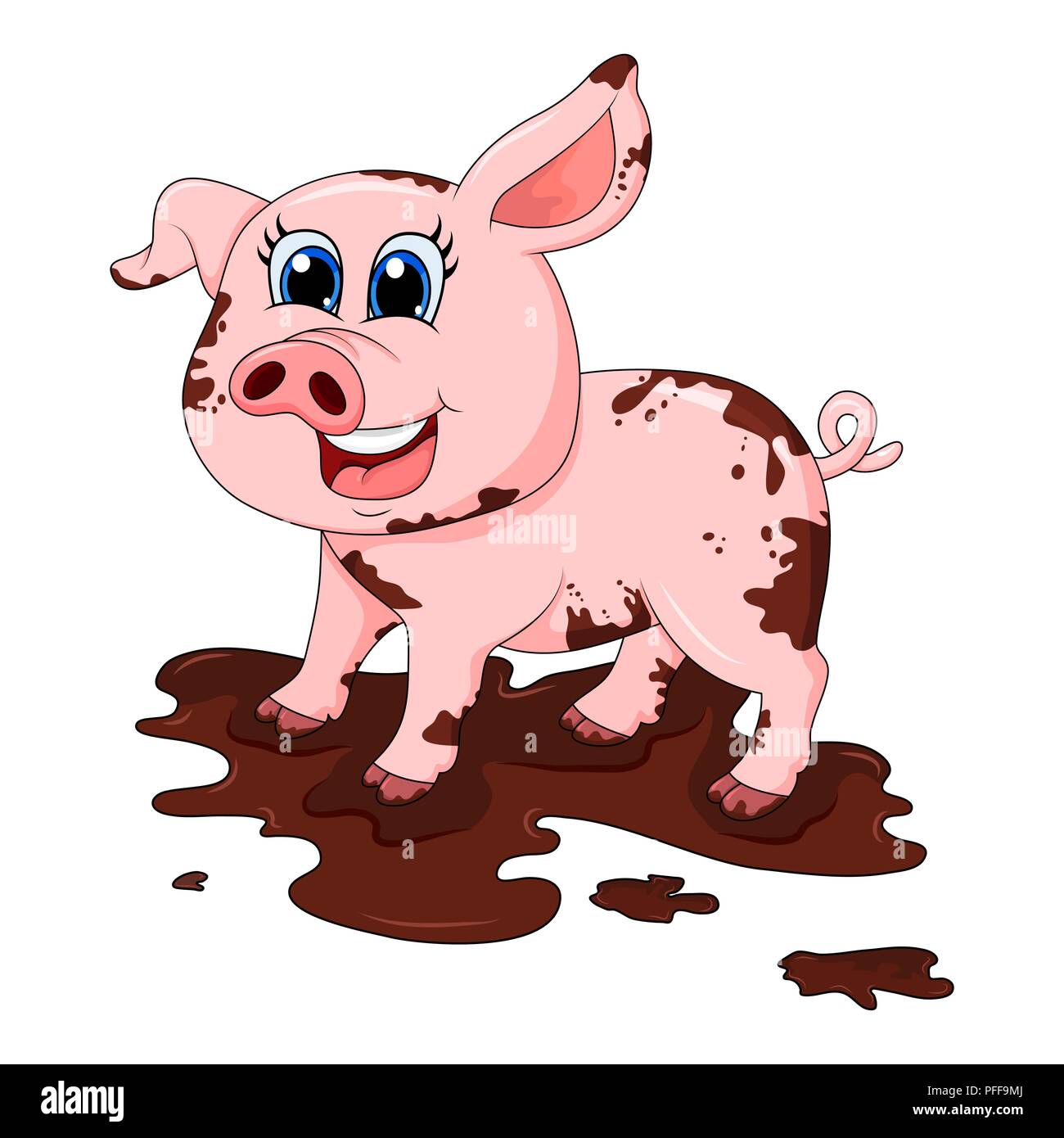 Sporco maiale nel fango dei cartoni animati di design di vettore isolato su sfondo bianco Illustrazione Vettoriale