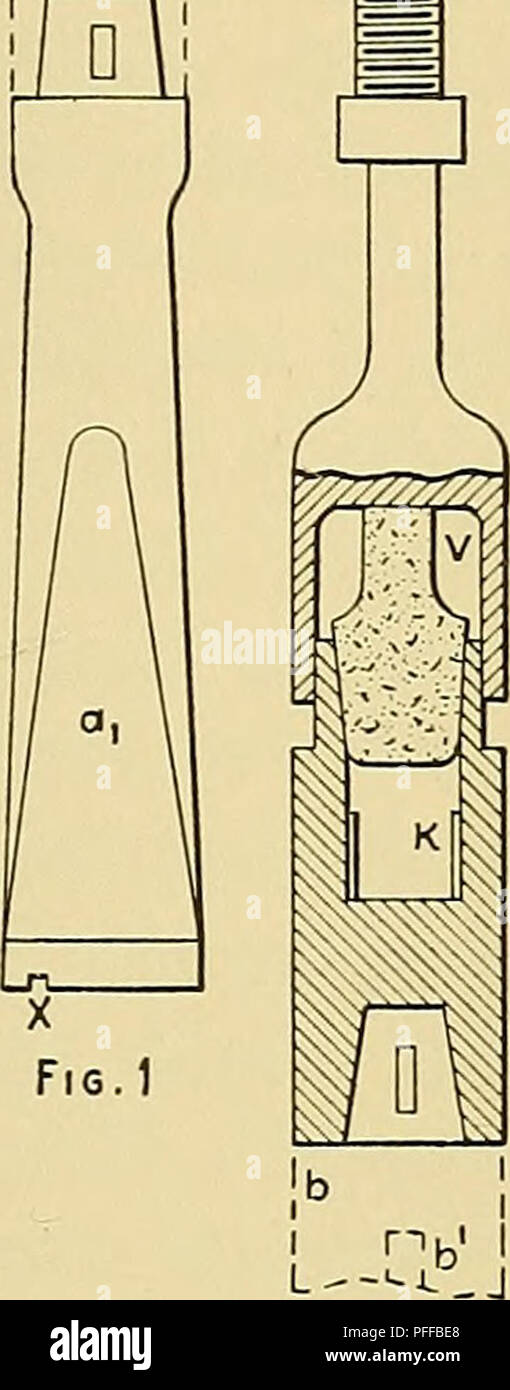 . Foro di trivellazione profonde indagini e problemi. Noioso. Orientamento del nucleo 61 III). In Fig. 1 Piastra (III) nota che la croce-guidato pesanti asta a è collegata alla retta bit ia a scalpello per mezzo di un giunto conico. Il bit ha un piccolo incavo X su un lato. Oltre l'asta pesante pistola corpo in metallo K è fissata da una superficie conica Oynhausen joint hh" (Fig. 2). La noia non- casella magnetico K racchiude una massa a tenuta stagna in tappo R"'oi 1. F16.6. Si prega di notare che queste immagini vengono estratte dalla pagina sottoposta a scansione di immagini che possono essere state migliorate digitalmente per la leggibilità - Colorazione e aspetto di questi illust Foto Stock