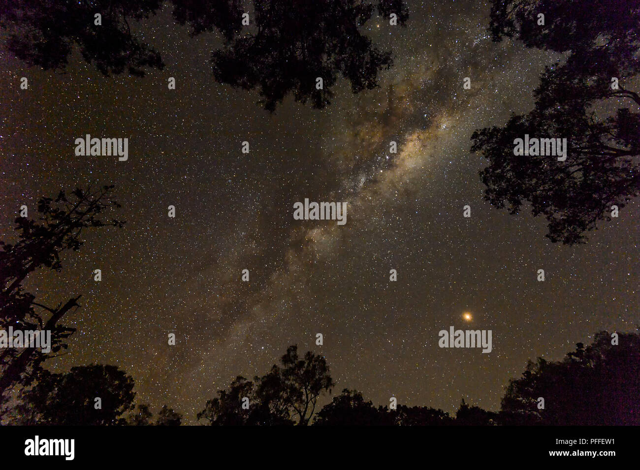 Cielo notturno che mostra la Via Lattea e il pianeta Marte, Mareeba Aeroporto, altopiano di Atherton, estremo Nord Queensland, FNQ, QLD, Australia Foto Stock