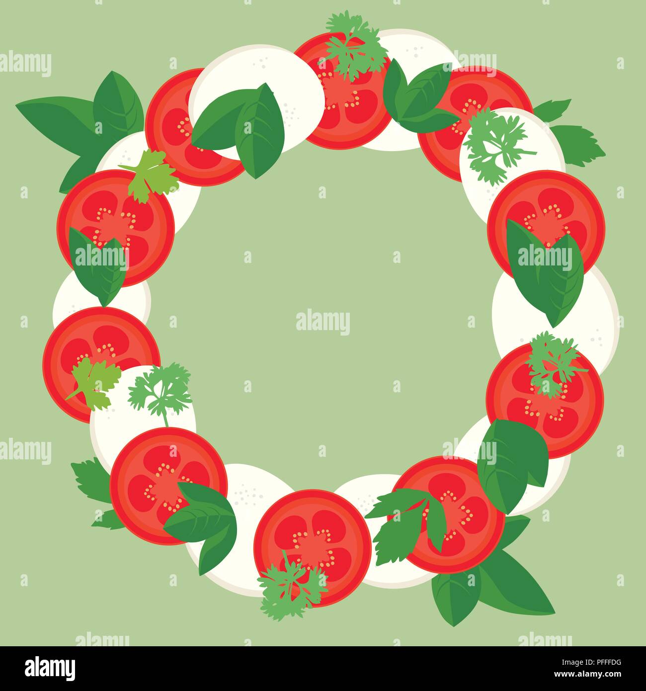 Design piatto illustrazione della cornice rotonda fatta di fette di pomodoro e mozzarella, foglie di basilico e foglie di prezzemolo, isolato su sfondo verde con sp Illustrazione Vettoriale