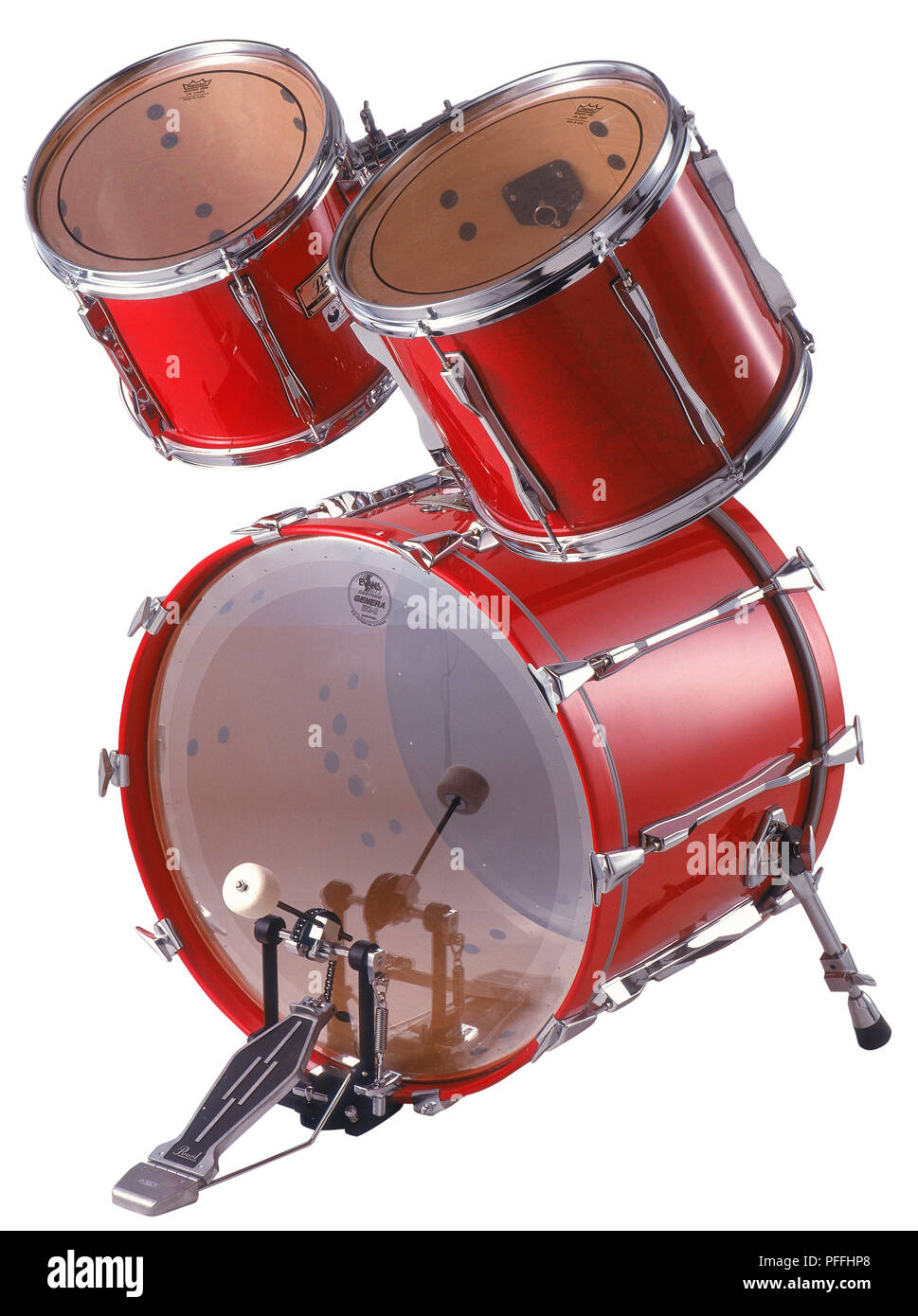 Red drum kit, vista laterale Foto Stock